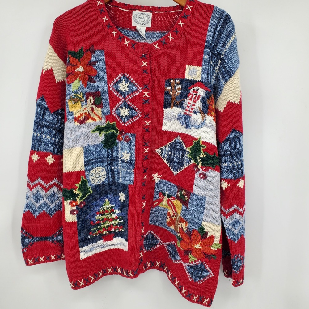 Vintage Stitches In Time Patchwork Christmas Cardigan Sweater 1X Snowman Tree